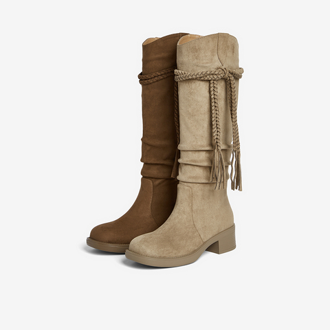 百思图2025冬季新款西部靴时尚复古潮流粗跟女长靴B9200DG5