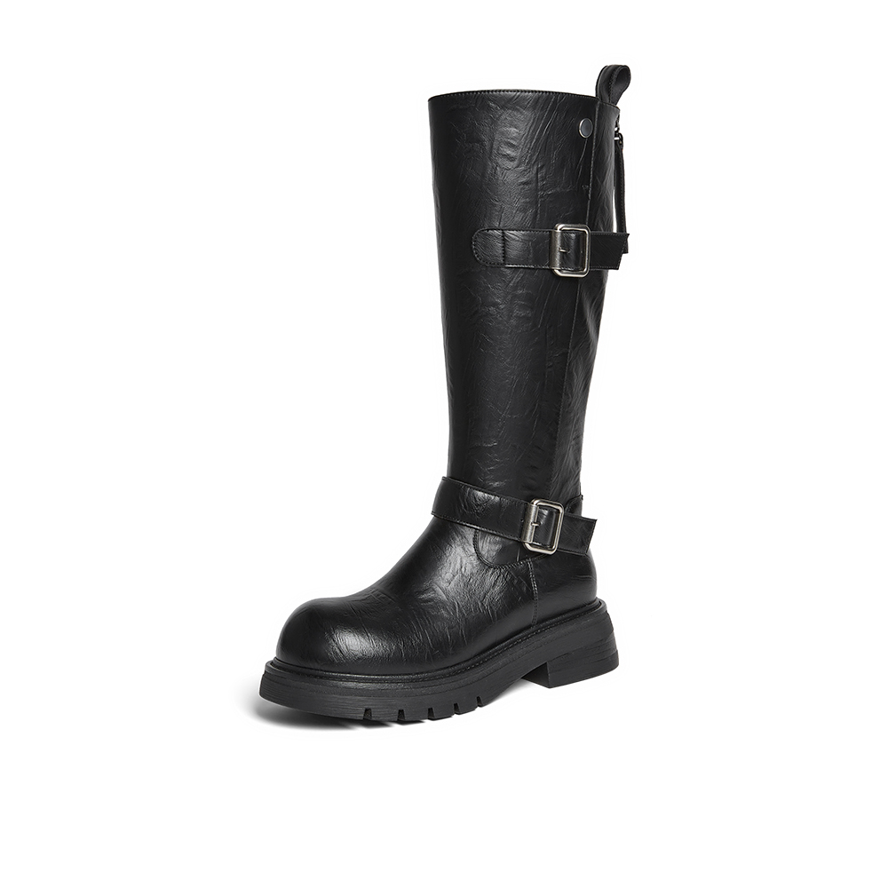 百思图2025冬季新款骑士靴时尚潮流街头女长靴W2053DG5