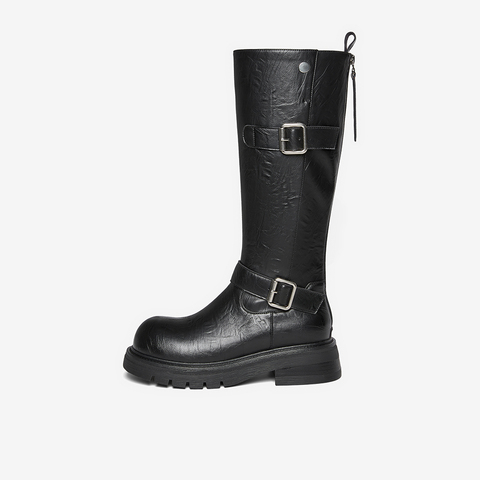 百思图2025冬季新款骑士靴时尚潮流街头女长靴W2053DG5