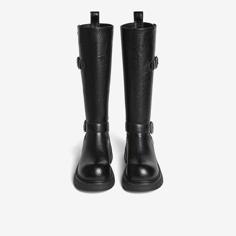 百思图2025冬季新款骑士靴时尚潮流街头女长靴W2053DG5