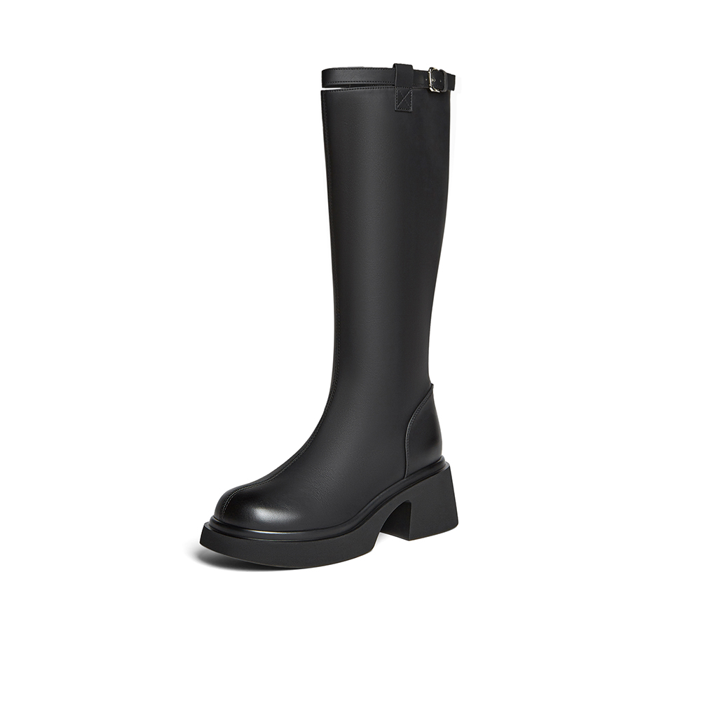 百思图2025冬季新款骑士靴时尚简约街头潮流粗跟女长靴F5607DG5