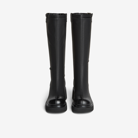 百思图2025冬季新款骑士靴时尚简约街头潮流粗跟女长靴F5607DG5