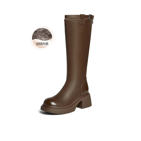 百思图2025冬季新款骑士靴时尚简约街头潮流粗跟女长靴F5607DG5