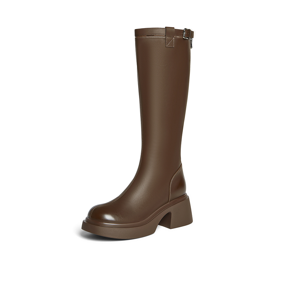 百思图2025冬季新款骑士靴时尚简约街头潮流粗跟女长靴F5607DG5