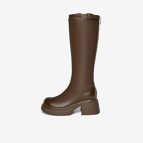 百思图2025冬季新款骑士靴时尚简约街头潮流粗跟女长靴F5607DG5