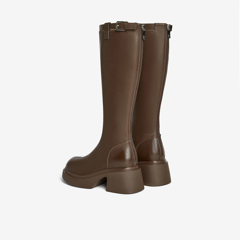 百思图2025冬季新款骑士靴时尚简约街头潮流粗跟女长靴F5607DG5