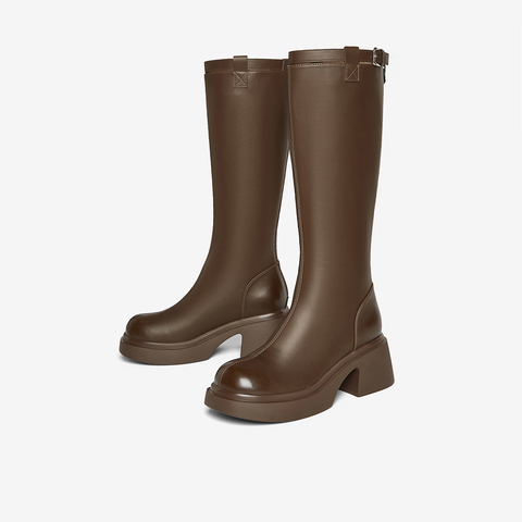 百思图2025冬季新款骑士靴时尚简约街头潮流粗跟女长靴F5607DG5