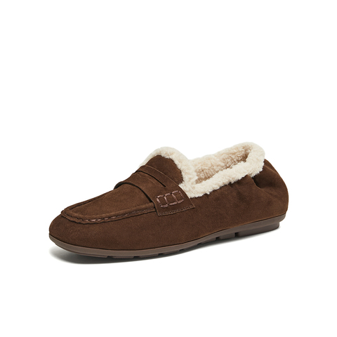 百思图2025冬季新款乐福鞋时尚复古休闲加绒保暖女单鞋UXE06DA5