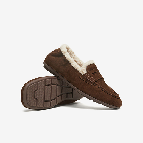 百思图2025冬季新款乐福鞋时尚复古休闲加绒保暖女单鞋UXE06DA5