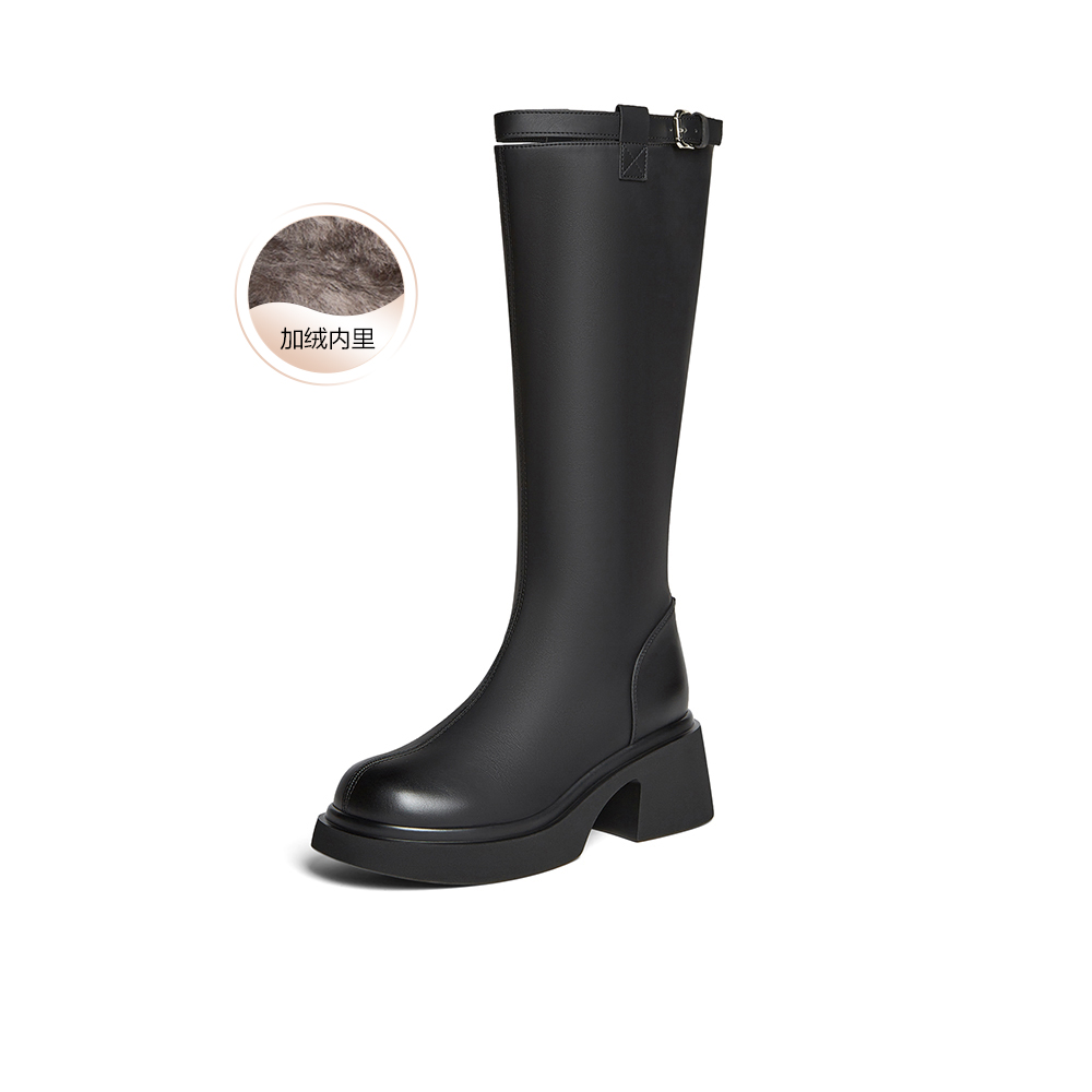 百思图2025冬季新款骑士靴时尚简约街头潮流粗跟女长靴F5607DG5