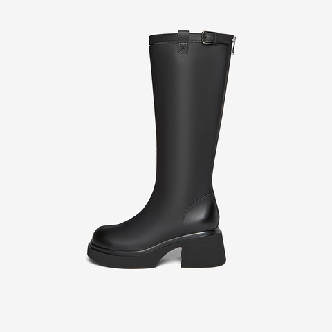 百思图2025冬季新款骑士靴时尚简约街头潮流粗跟女长靴F5607DG5