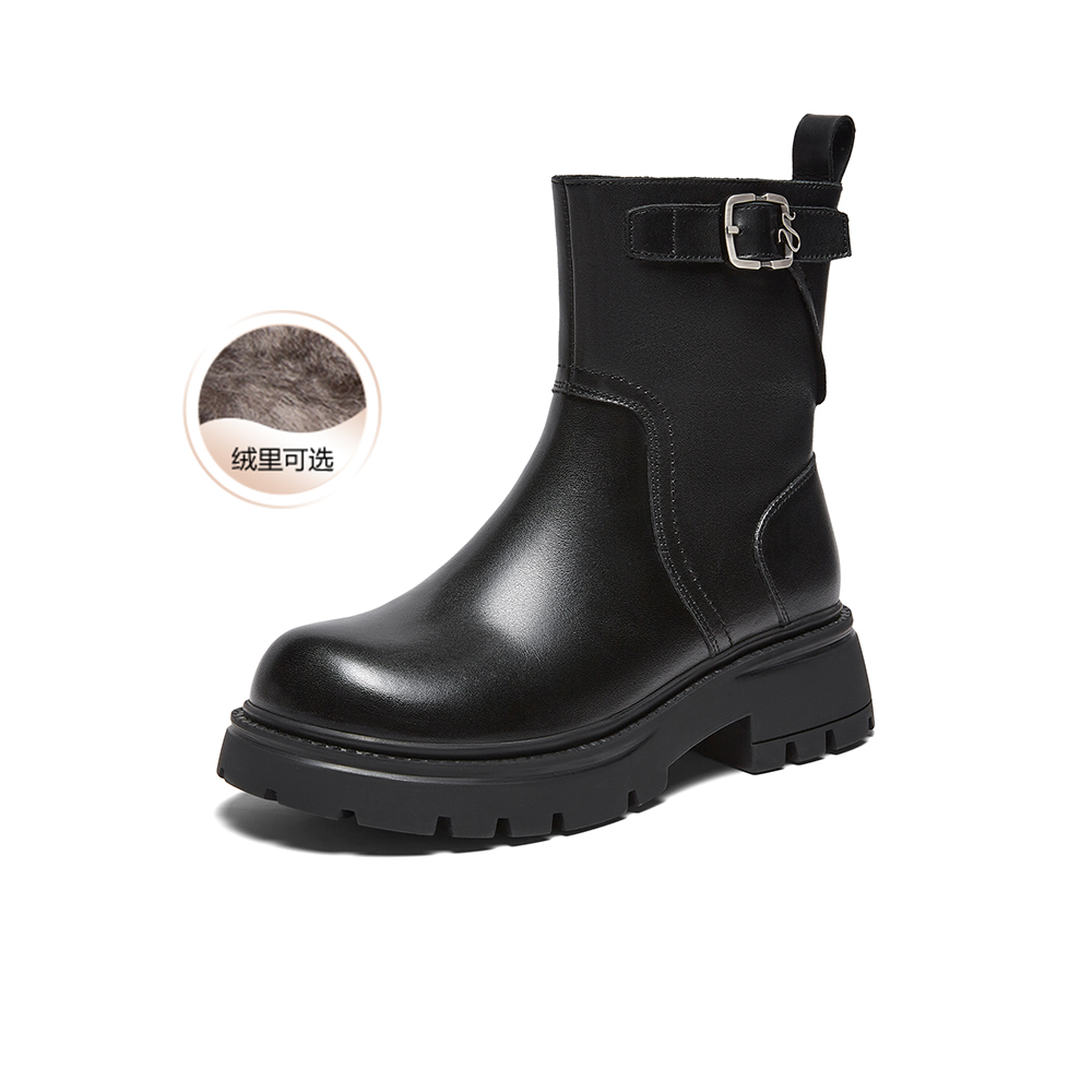 百思图2025冬季新款商场同款休闲靴简约加绒保暖女短靴H1882DZ5