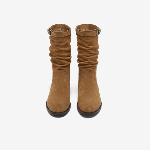 百思图2025冬季新款堆堆靴西部靴时尚复古粗跟女长靴SAH01DG5