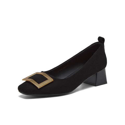 百思图2026春季新款织物女鞋时尚简约通勤粗跟方头女单鞋B5288AQ6