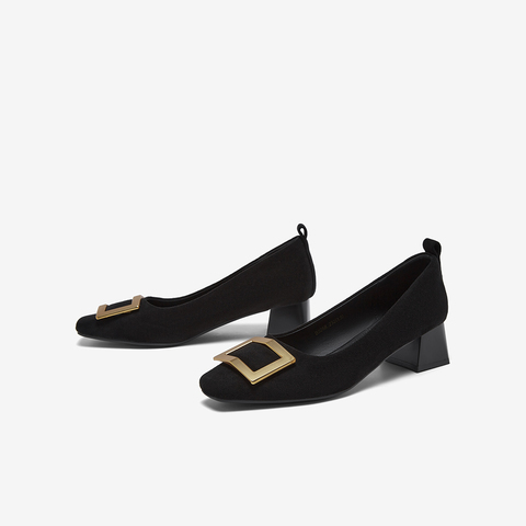 百思图2026春季新款织物女鞋时尚简约通勤粗跟方头女单鞋B5288AQ6