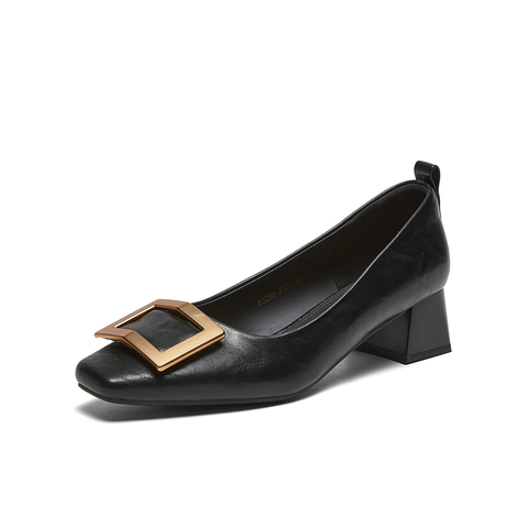 百思图2026春季新款织物女鞋时尚简约通勤粗跟方头女单鞋B5288AQ6