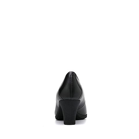 Bata/拔佳秋专柜同款黑色圆头粗高跟牛皮浅口女单鞋ABA02CQ7