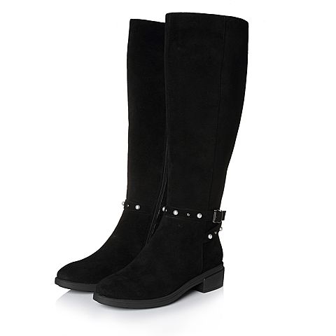 Bata/拔佳冬专柜同款黑色时尚珍珠皮带扣羊绒皮女长靴86-16DG7