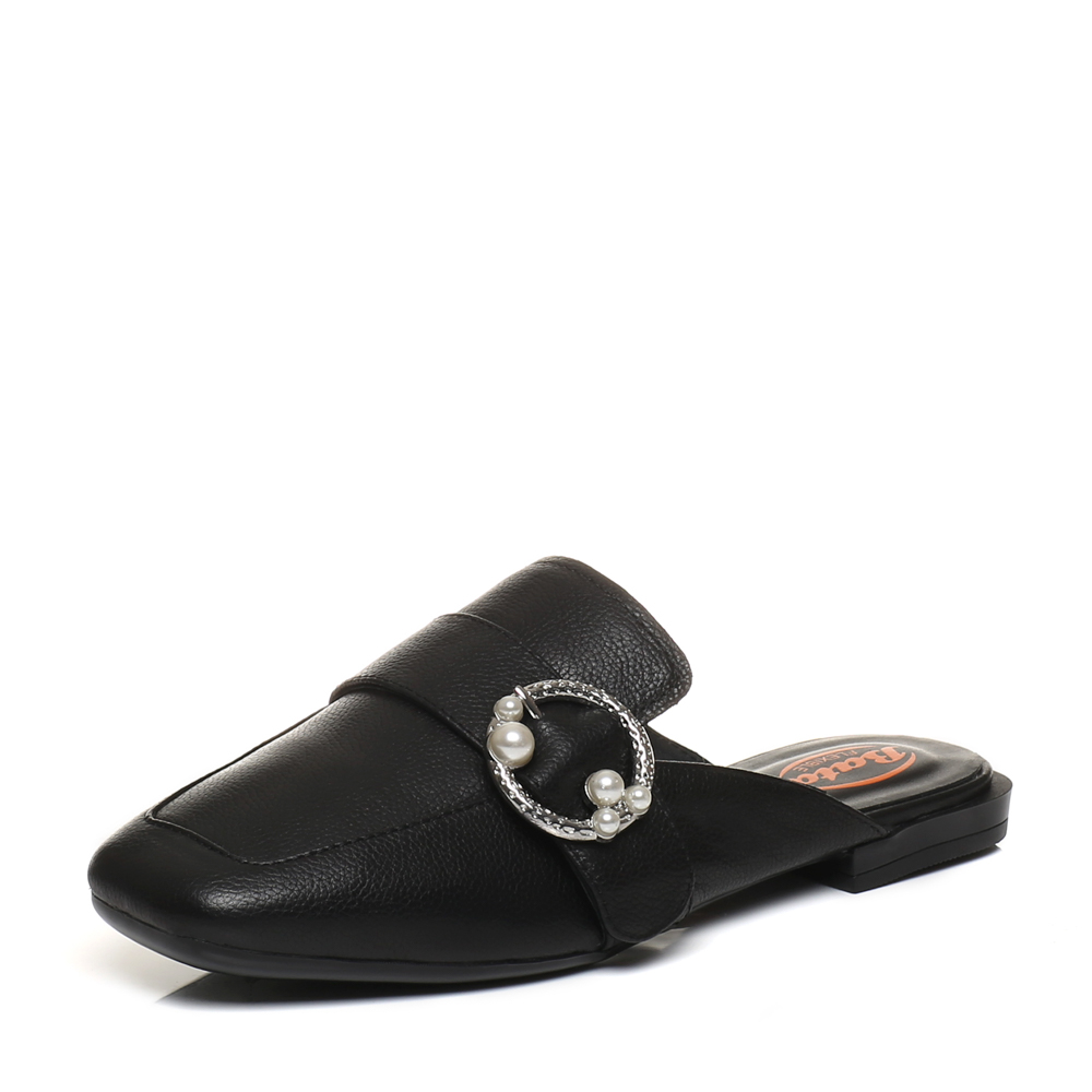 Bata2018春专柜同款黑色方头时尚珍珠金属真牛皮穆勒鞋女凉鞋ABM01AH8