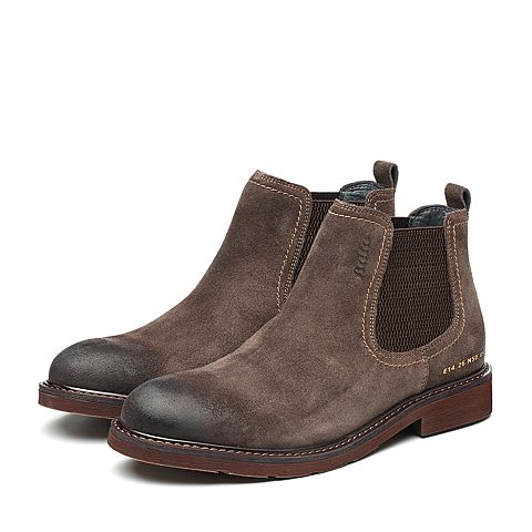 Bata/拔佳2018冬新款专柜同款啡色牛皮革方跟绒面男皮靴切尔西靴86C46DD8