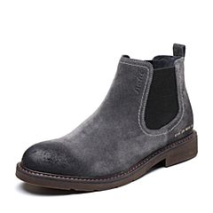 Bata/拔佳2018冬新款专柜同款灰色牛皮革方跟绒面男皮靴切尔西靴86C46DD8