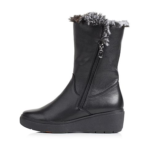 Bata/拔佳2018冬新款专柜同款黑色(毛里)小牛皮革坡跟女皮靴毛里AI950DZ8加绒