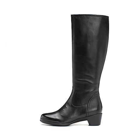 Bata/拔佳2018冬新款专柜同款黑色绵羊皮革粗中跟女皮靴高靴AV484DG8