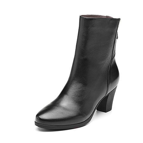 Bata/拔佳2018冬新款女靴专柜同款黑色绵羊皮革粗高跟女皮靴短靴ABA45DD8