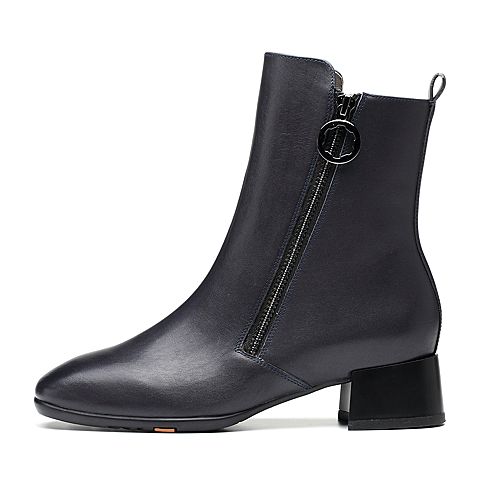 Bata/拔佳2018冬新款专柜同款深兰色小牛皮革女皮靴短靴AFE50DD8