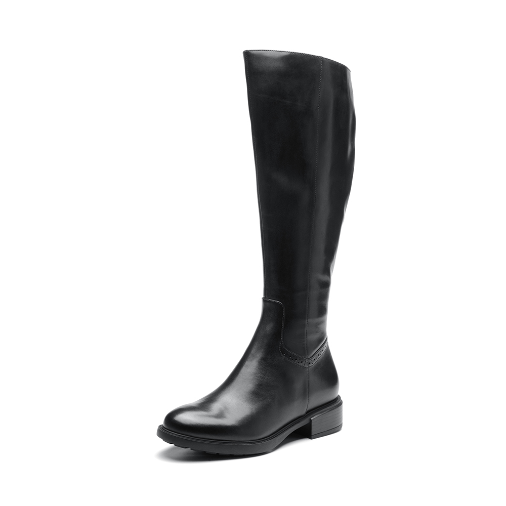 Bata/拔佳2018冬新款专柜同款黑色小牛皮革女皮靴高靴AFN80DG8