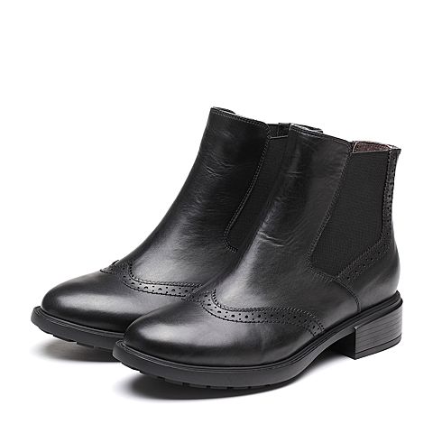 Bata拔佳冬新款专柜同款黑色小牛皮革雕花女切尔西靴AFN44DD8