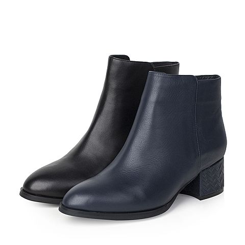 Bata/拔佳2018冬新款专柜同款黑色牛皮革粗中跟女靴短靴9BG04DD8
