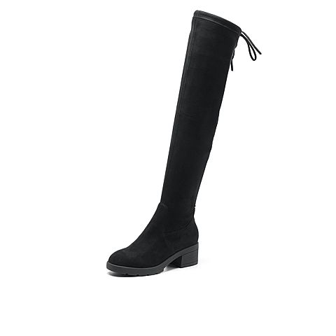 Bata/拔佳2018冬新款女靴专柜同款黑色弹力绒布蝴蝶结粗中跟女长靴过膝靴XBM01DC8