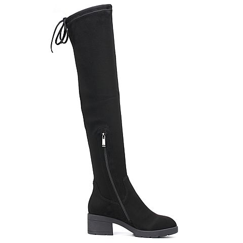 Bata/拔佳2018冬新款女靴专柜同款黑色弹力绒布蝴蝶结粗中跟女长靴过膝靴XBM01DC8
