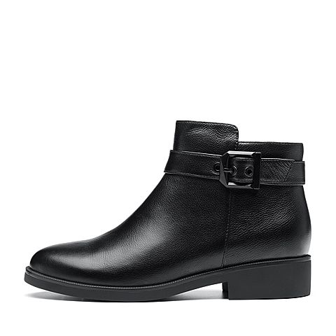 Bata/拔佳2018冬新款专柜同款黑色牛皮革方跟女皮靴及踝靴RBA09DD8