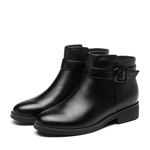 Bata/拔佳2018冬新款专柜同款黑色牛皮革方跟女皮靴及踝靴RBA09DD8