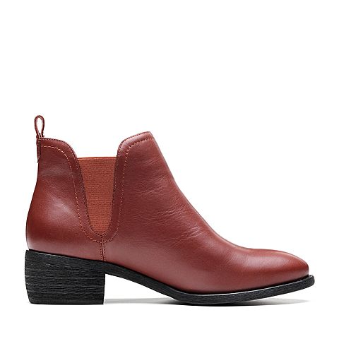 Bata/拔佳2018冬新款专柜同款棕色牛皮革/纺织品粗中跟女皮靴切尔西靴RBE01DD8