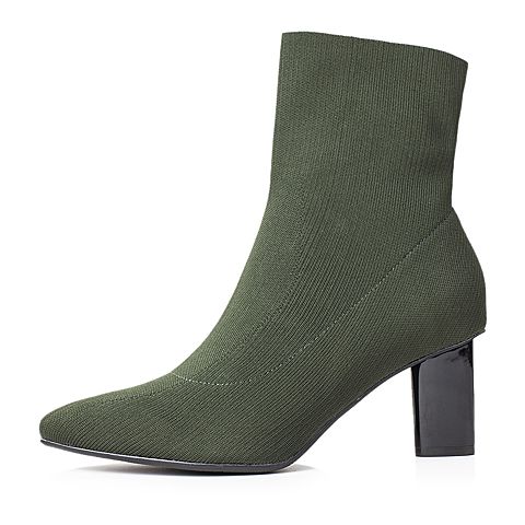 Bata/拔佳2018冬新款深绿色针织布粗高跟女靴短靴袜靴763-1DZ8