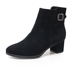 Bata/拔佳2019冬新款专柜同款皮带扣纯色粗跟中跟短靴女66229DD9