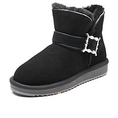 Bata/拔佳2019冬新款珍珠扣带皮革休闲加绒短筒雪地靴女A7601DD9