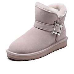 Bata/拔佳2019冬新款珍珠扣带皮革休闲加绒短筒雪地靴女A7601DD9