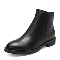Bata/拔佳2019冬季新款英伦风圆头平底粗跟皮革女士短靴82818DD9