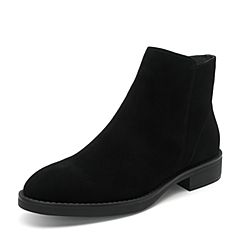 Bata/拔佳2019冬季新款英伦风圆头平底粗跟皮革女士短靴82818DD9