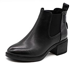 Bata/拔佳2019冬新款英伦风切尔西靴粗跟加绒皮革短靴女34321DD9