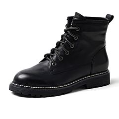 Bata/拔佳2019冬新款英伦风牛皮革粗跟马丁短靴加绒女潮807N2DD9