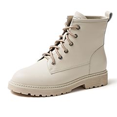 Bata/拔佳2019冬新款英伦风牛皮革粗跟马丁短靴加绒女潮807N2DD9