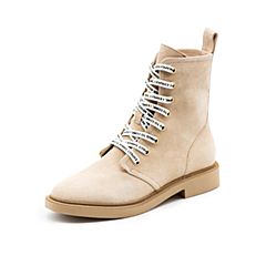 Bata/拔佳2019冬新款英伦风羊皮革高帮马丁靴平底粗跟女68911DZ9