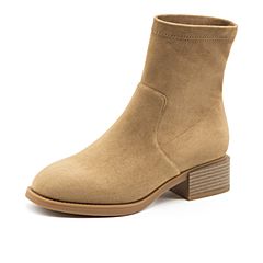 Bata/拔佳2019冬新款通勤风绒面粗方跟机车瘦瘦靴短筒女69Y60DZ9