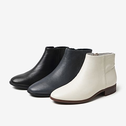 Bata/拔佳冬新专柜同款真皮通勤粗跟低跟鞋女靴短靴AFH45DD9