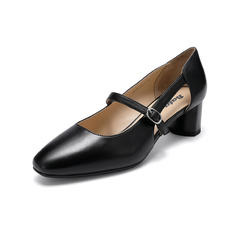 Bata2020春新款复古玛丽珍通勤风真羊皮中高粗跟女凉单鞋6033DAK0